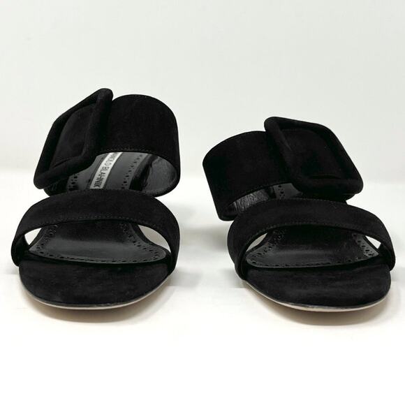 Manolo Blahnik Titubanew Black Suede Buckle Mules 38 50mm Block Heel - Picture 4 of 10